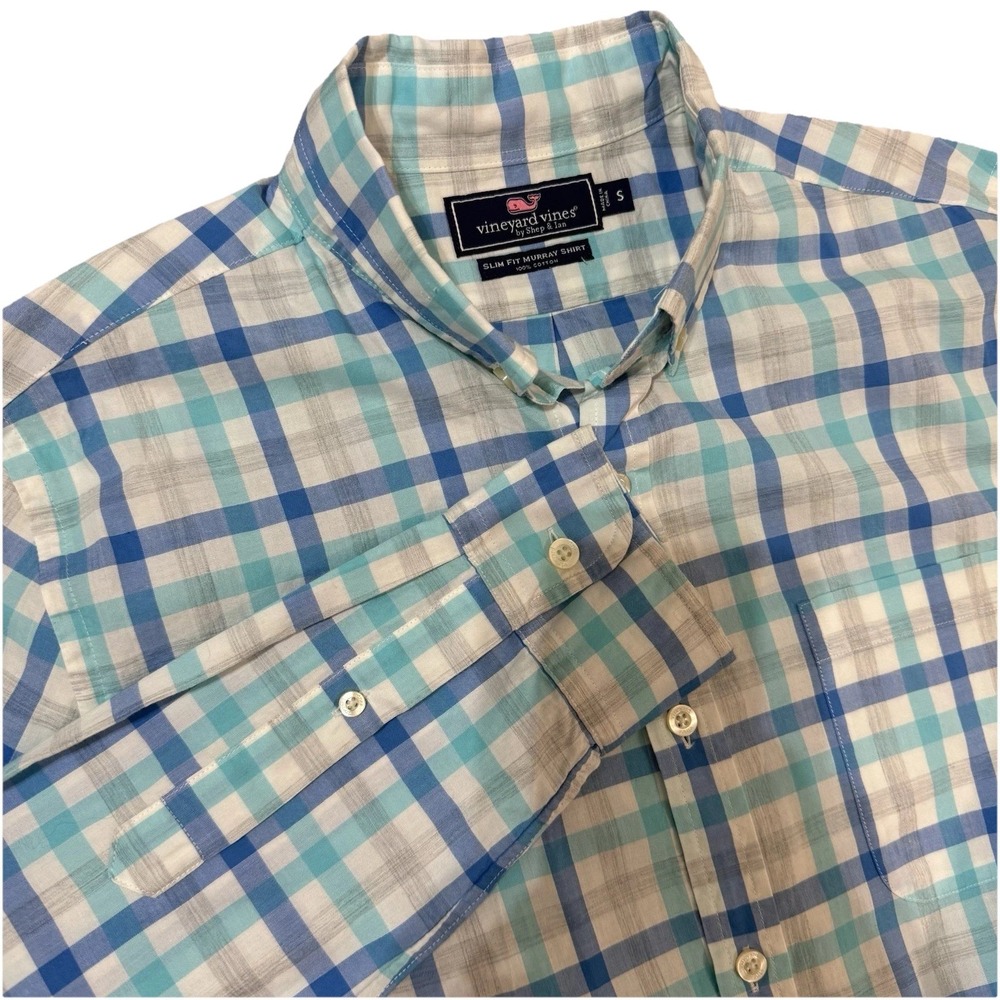 🐋 Vineyard Vines Slim Fit Murray Shirt Small Blue White Plaid Cotton Men's
